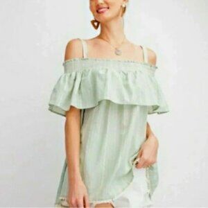 Easel Top Womens Size L Sage Embroidered Off Shoulder Ruffle Milkmaid Tunic